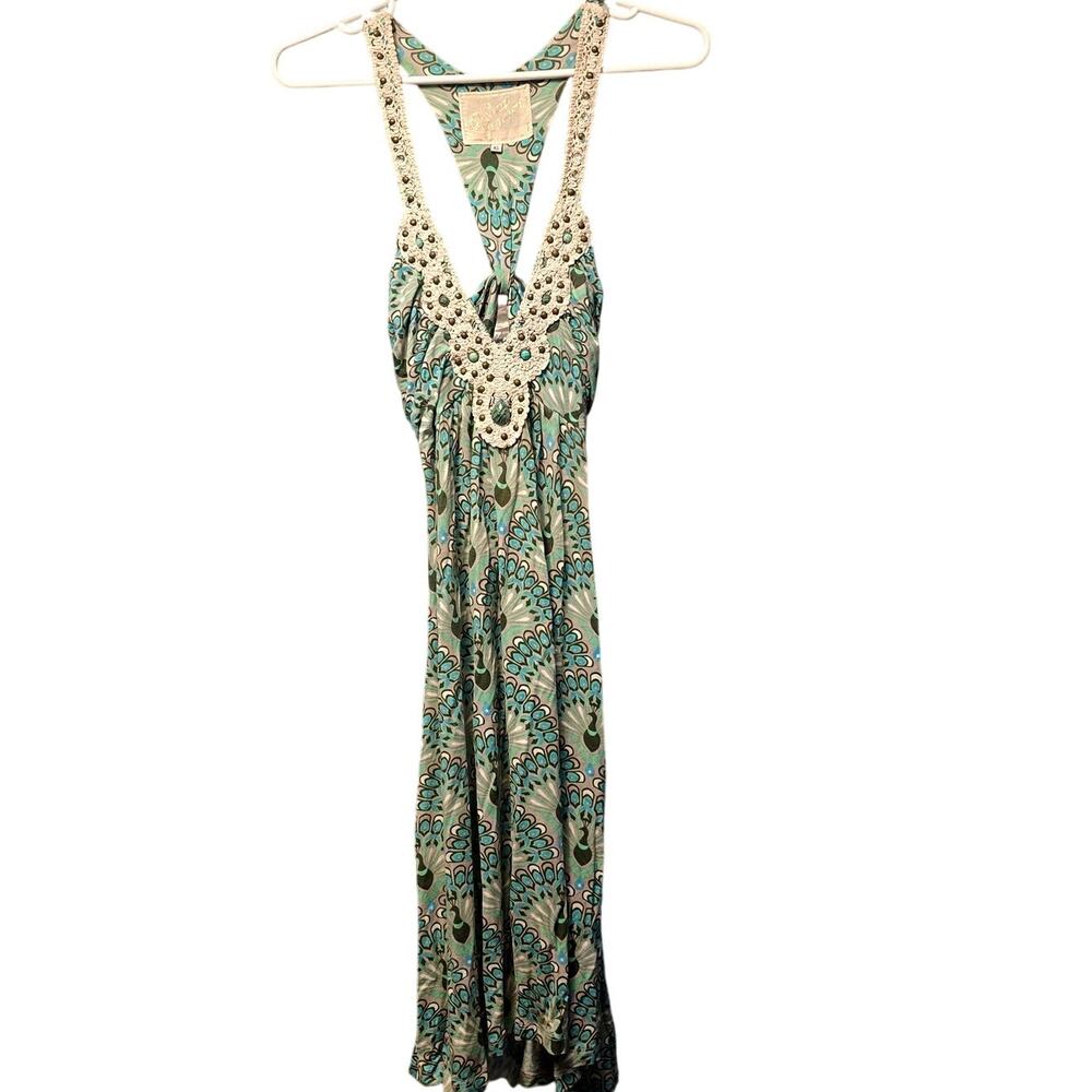 Vintage Y2K Soul Revival twist back crochet beaded peacock dress